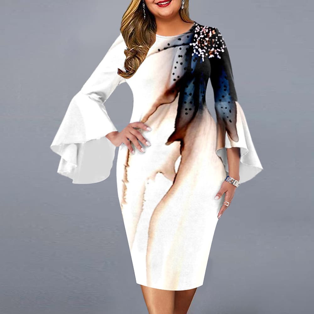 Women's Plus Size Party Dress Floral Crew Neck Ruffle Long Sleeve Dress