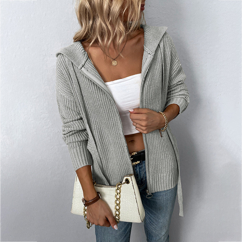 Women's Solid Hooded Zip Knit Sweater