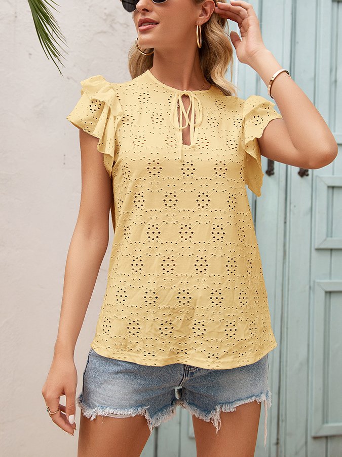 Women's Hollow Lace Up Round Neck Ruffle Sleeve T-shirt