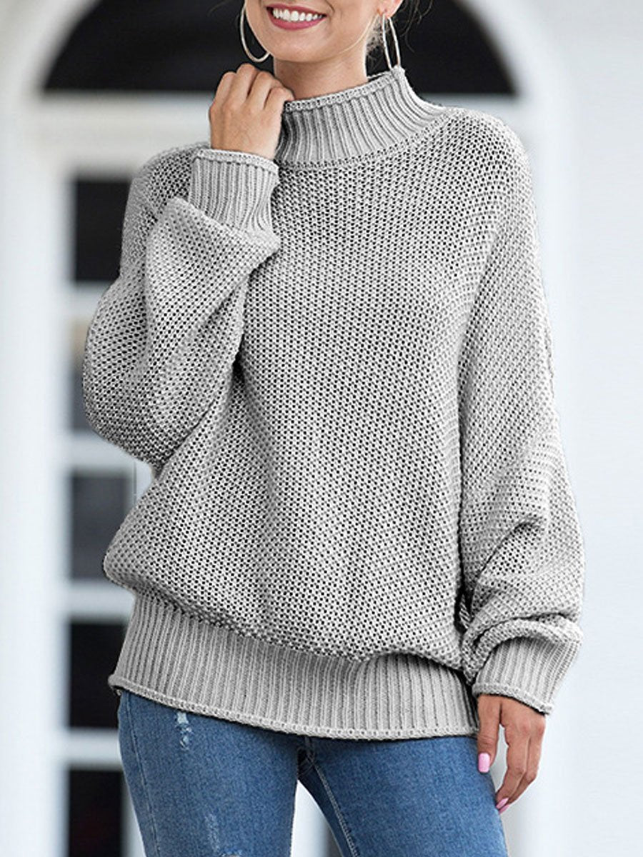 Rolled high neck bat sleeve knit sweater