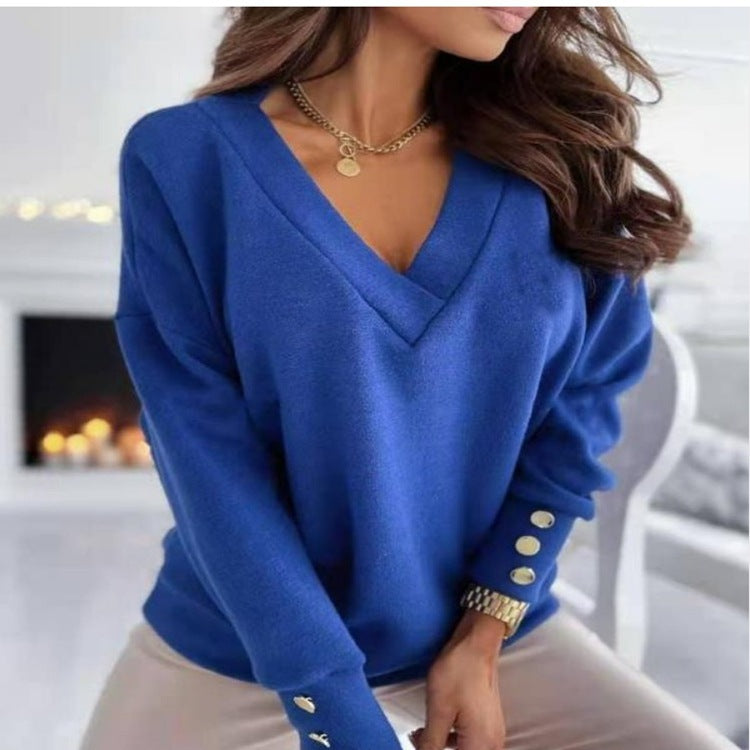 Women's Solid Button V-Neck Long Sleeve Top Sweater