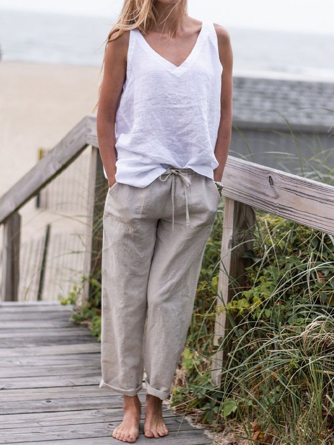 Casual Solid Color V Neck Cotton And Linen Vest