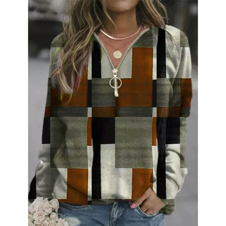 Women's Plaid Zip Long Sleeve Top Sweater