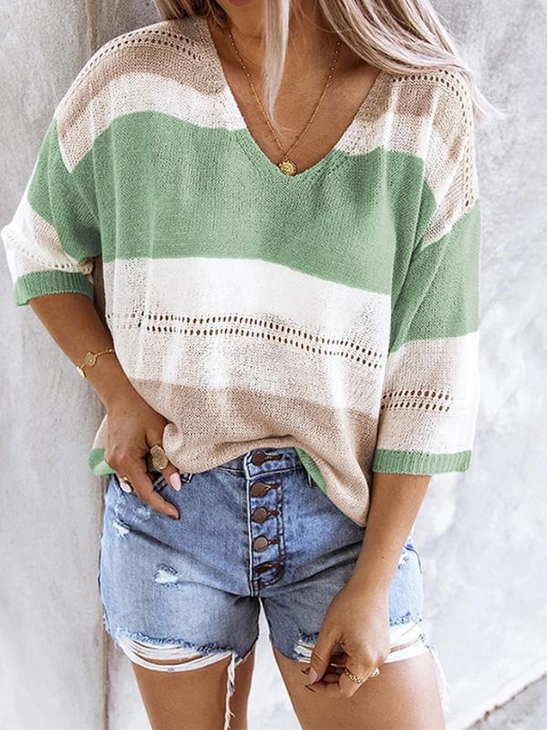 Striped Color Block Hollow Long Sleeved Sweater