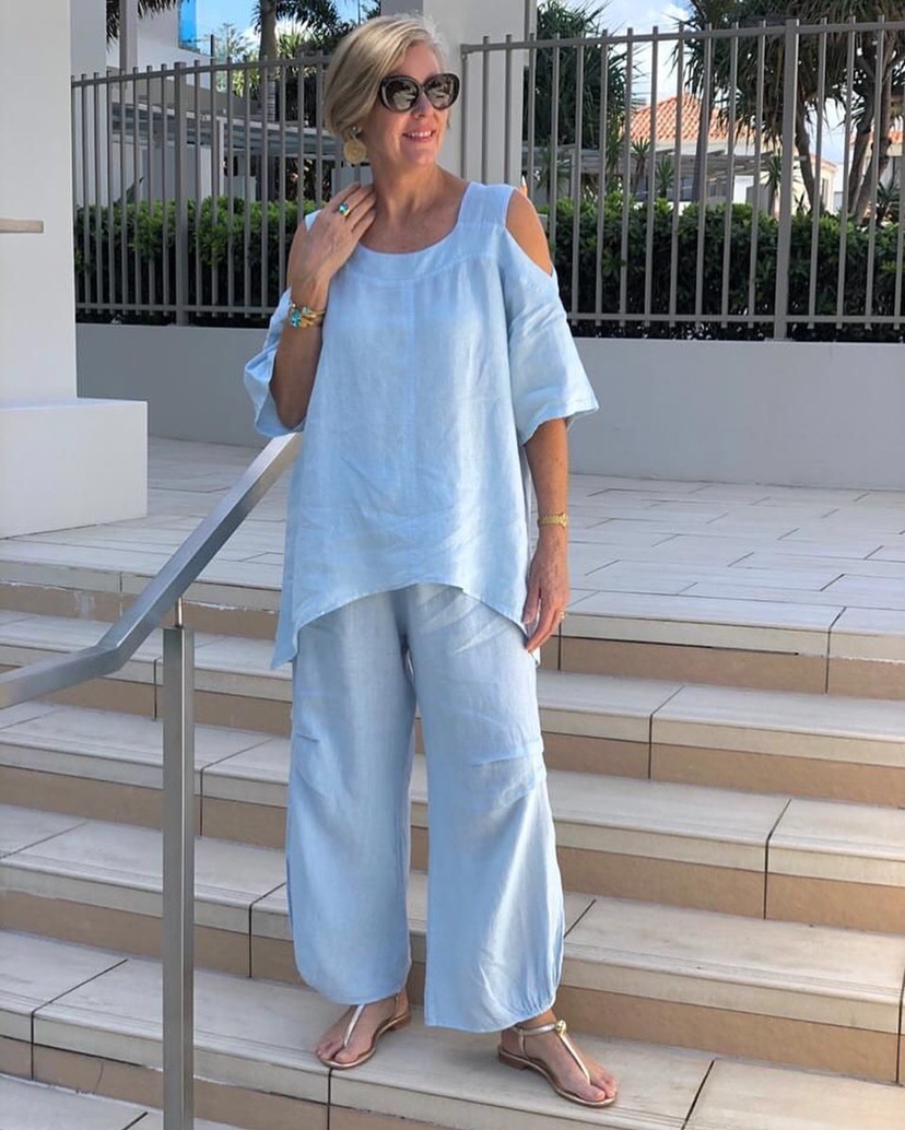 Fashion round neck cotton linen short sleeve Pants Set