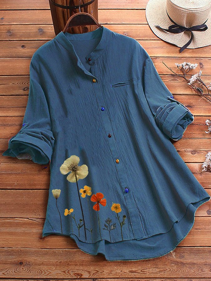 Women's Cotton Linen Stand Collar Print Shirt