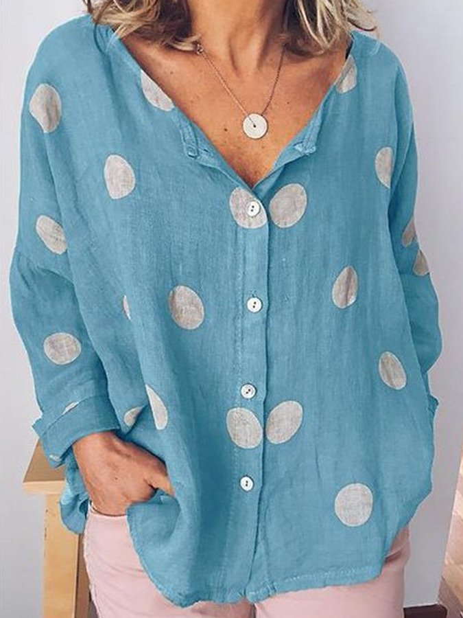 Ladies Cotton Linen Polka Dot Fashion V Neck Long Sleeve Printed Shirt