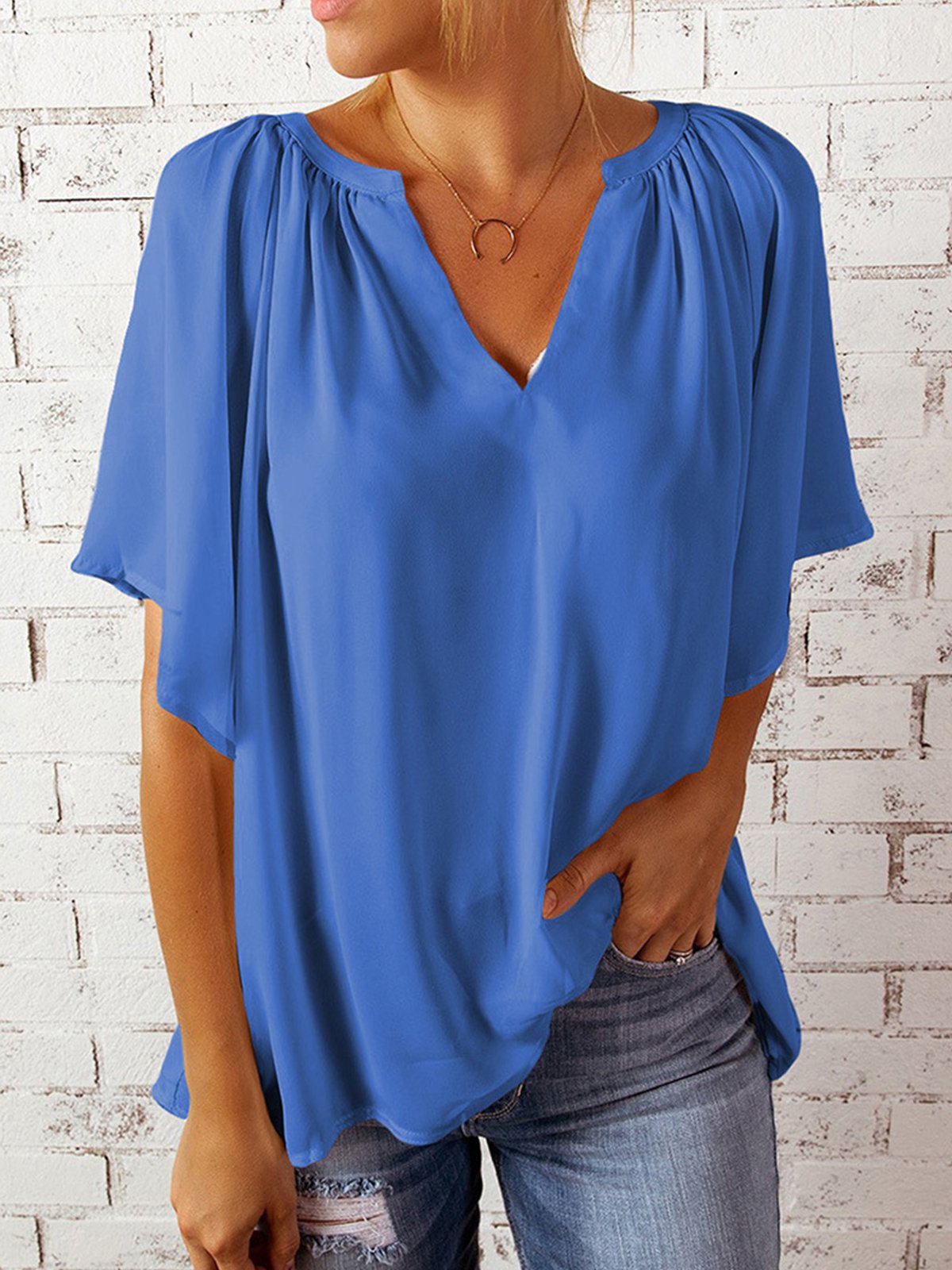 Women's Pure Color Gathered V-Neck Ruffle Sleeve Chiffon Shirt
