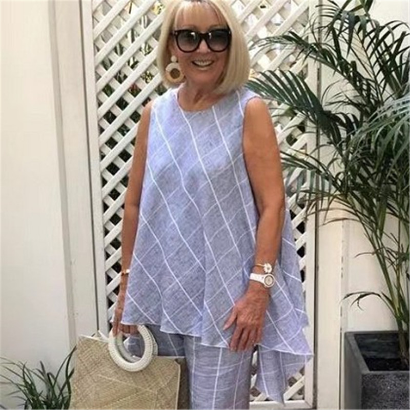 Fashionable Large Size Loose Slimming Slub Linen Plaid Suit