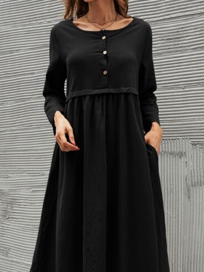 Ladies Cotton Linen Solid Color Casual Dress