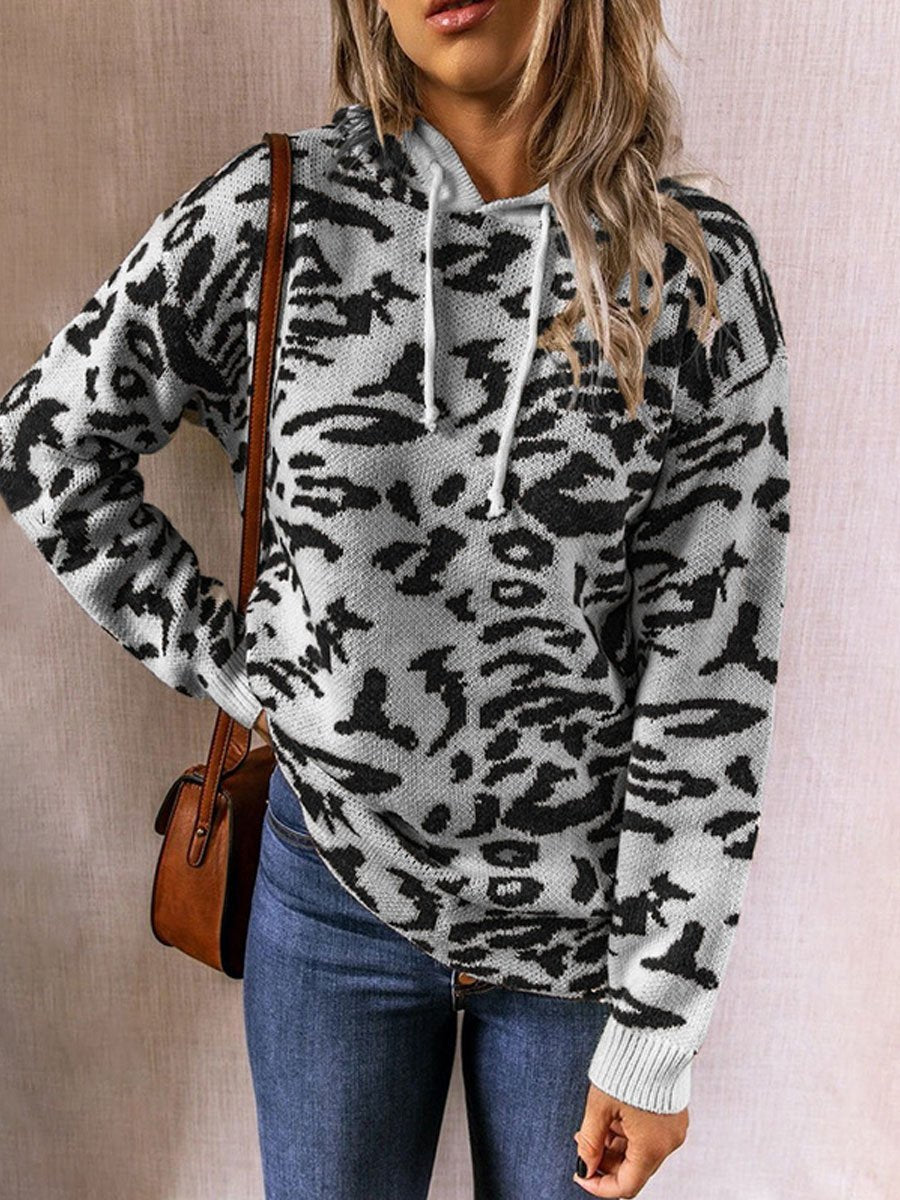Leopard print drawstring hooded knitted sweater