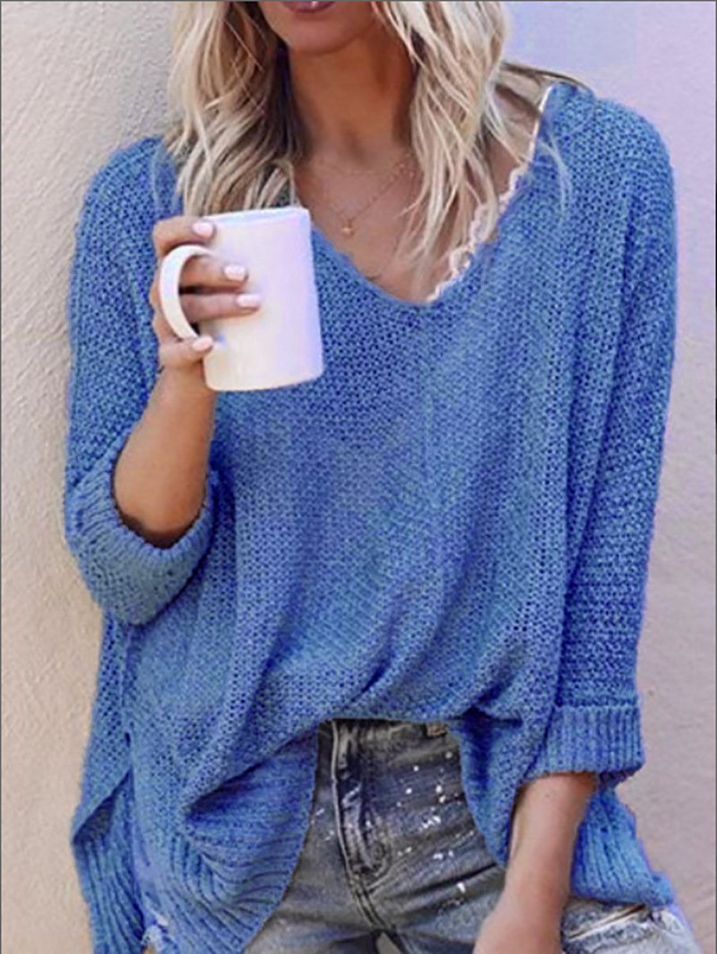 V-neck solid color knitted sweater