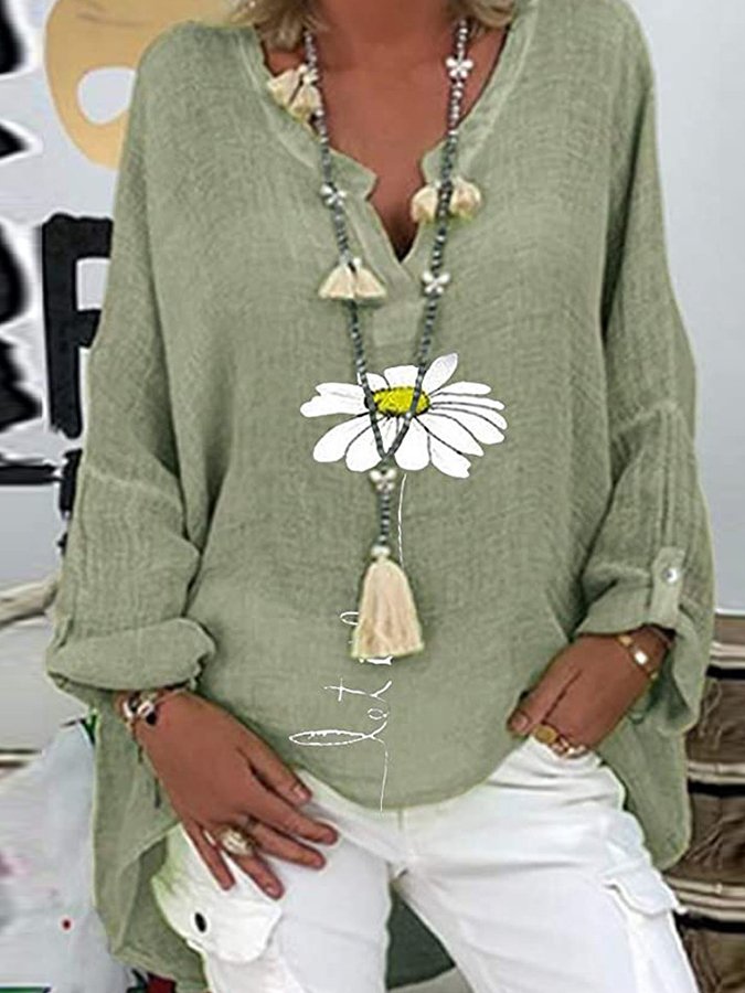 Ladies Cotton Linen V-Neck Plus Size Printed Shirt