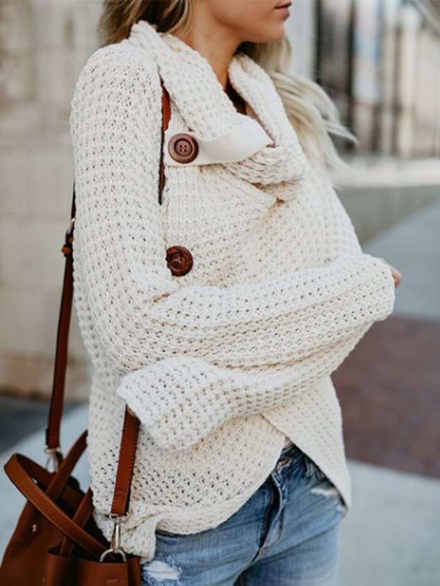 Asymmetrical Slit Cowl Neck Knitted Sweater