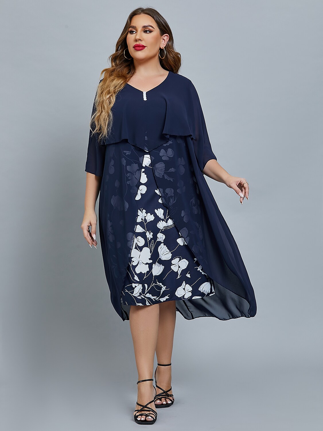 Women's Plus Size Curve Party Dress Floral V Neck Mesh 3/4 Length Sleeve Fall Spring Elegant Midi Dress Party Date Dress / Layered / Print