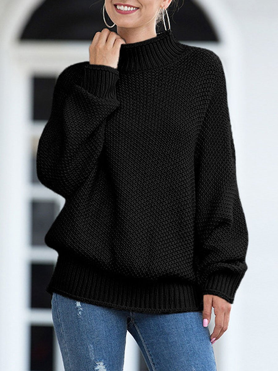 Rolled high neck bat sleeve knit sweater