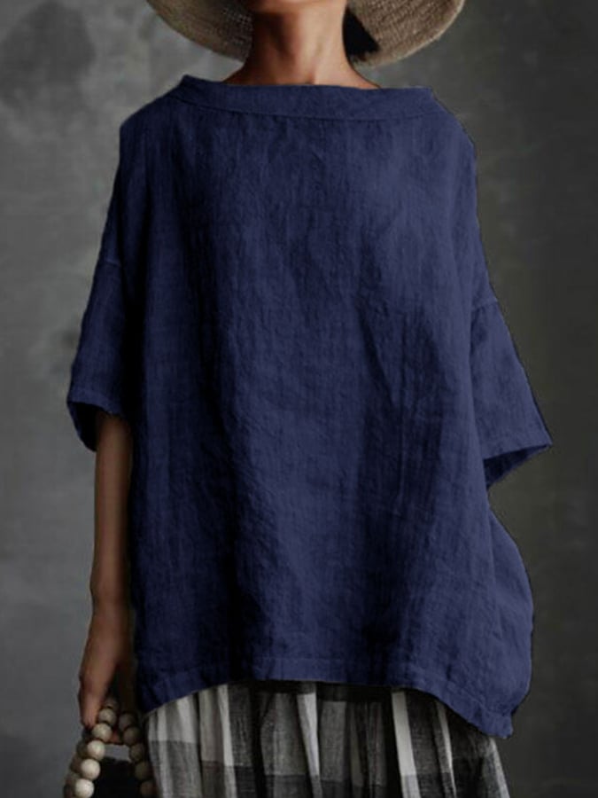 Ladies Cotton Linen Round Collar Loose Casual Shirt