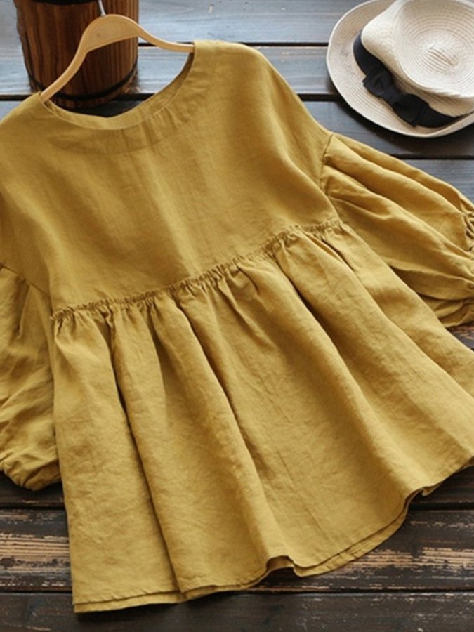 Women's cotton and linen five-quarter sleeve top