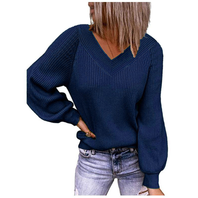 Women's Solid V-Neck Long Sleeve Pullover Knit Top Sweater