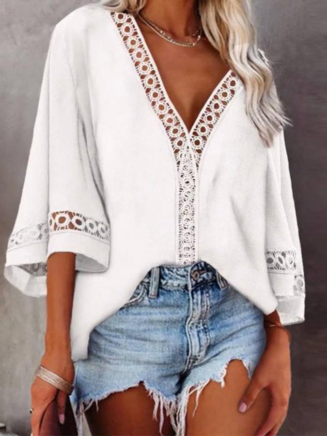 Women's Sexy V-Neck Cutout Lace Shirt