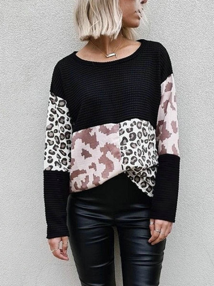 Round Neck Leopard Splicing Stitching Sweater
