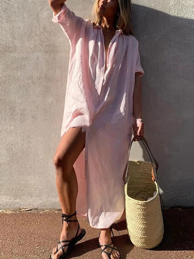 Women's Pure Color Cotton Linen Shirt Dress