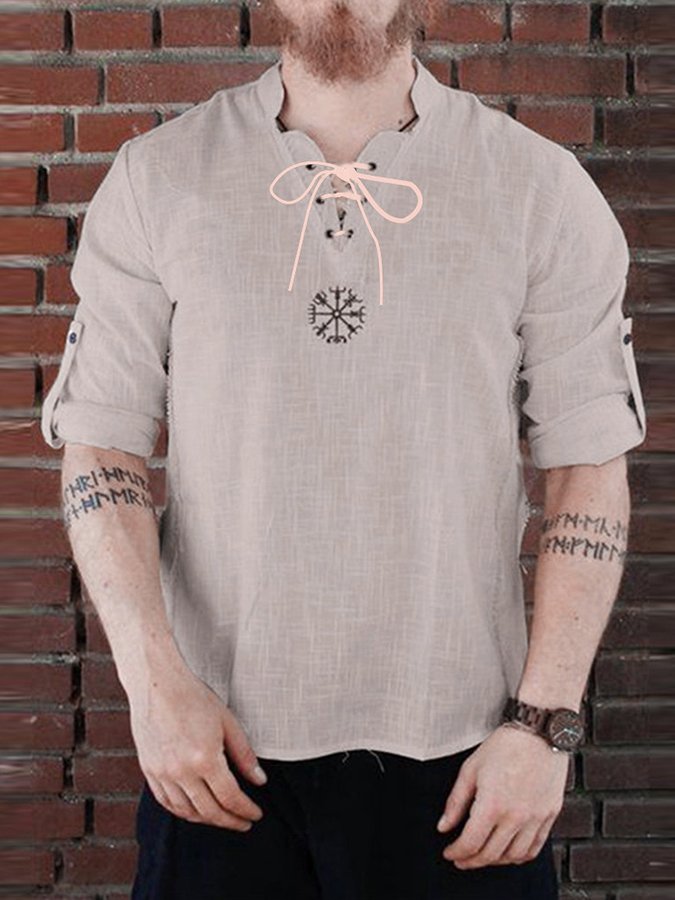 Men's Cotton Linen Embroidered Stand Collar Shirt