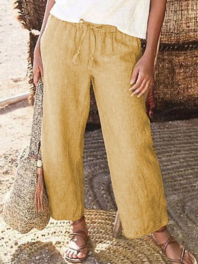 Ladies Cotton Linen Solid Color Drawstring Loose Wide Leg Pants