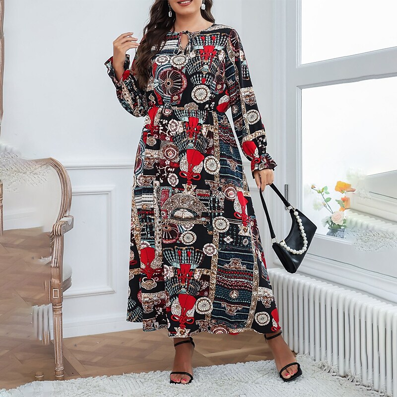Women's Plus Size A Line Dress Print Crew Neck Long Sleeve Fall Winter Stylish Casual Maxi long Dress Date Vacation Dress