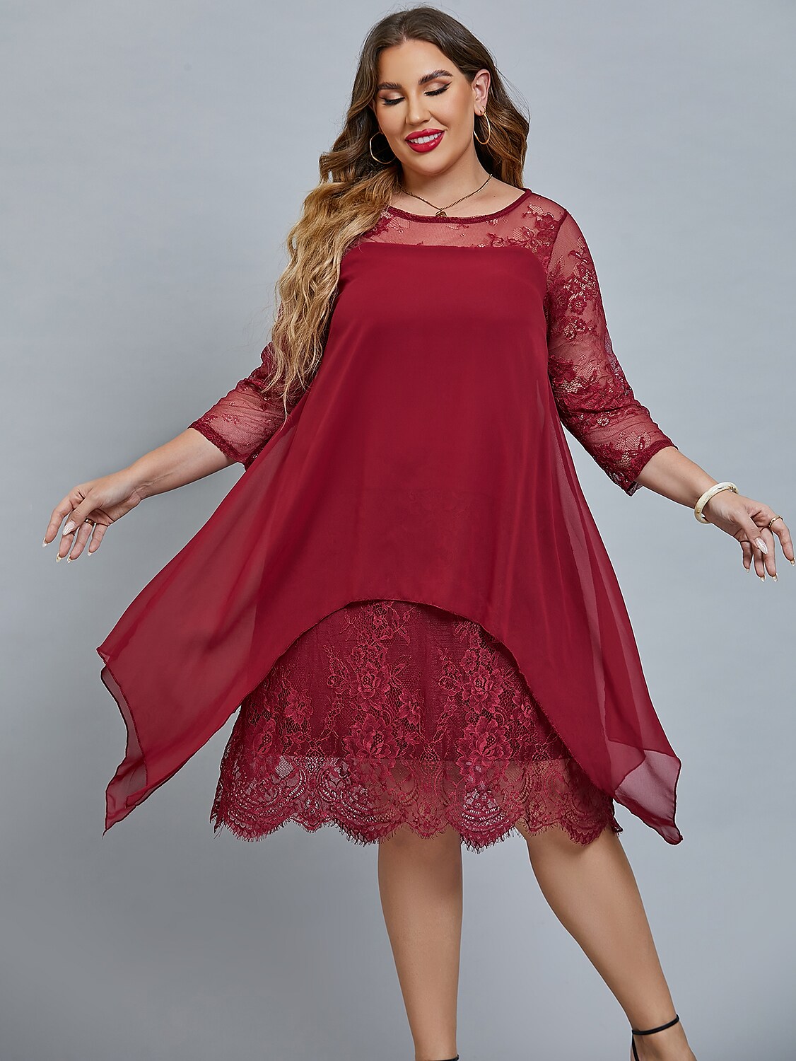 Women's Plus Size Curve Party Dress Floral Crew Neck Lace 3/4 Length Sleeve Winter Fall Elegant Prom Dress Midi Dress Party Cocktail Dress Dress / Lace Dress / Mesh