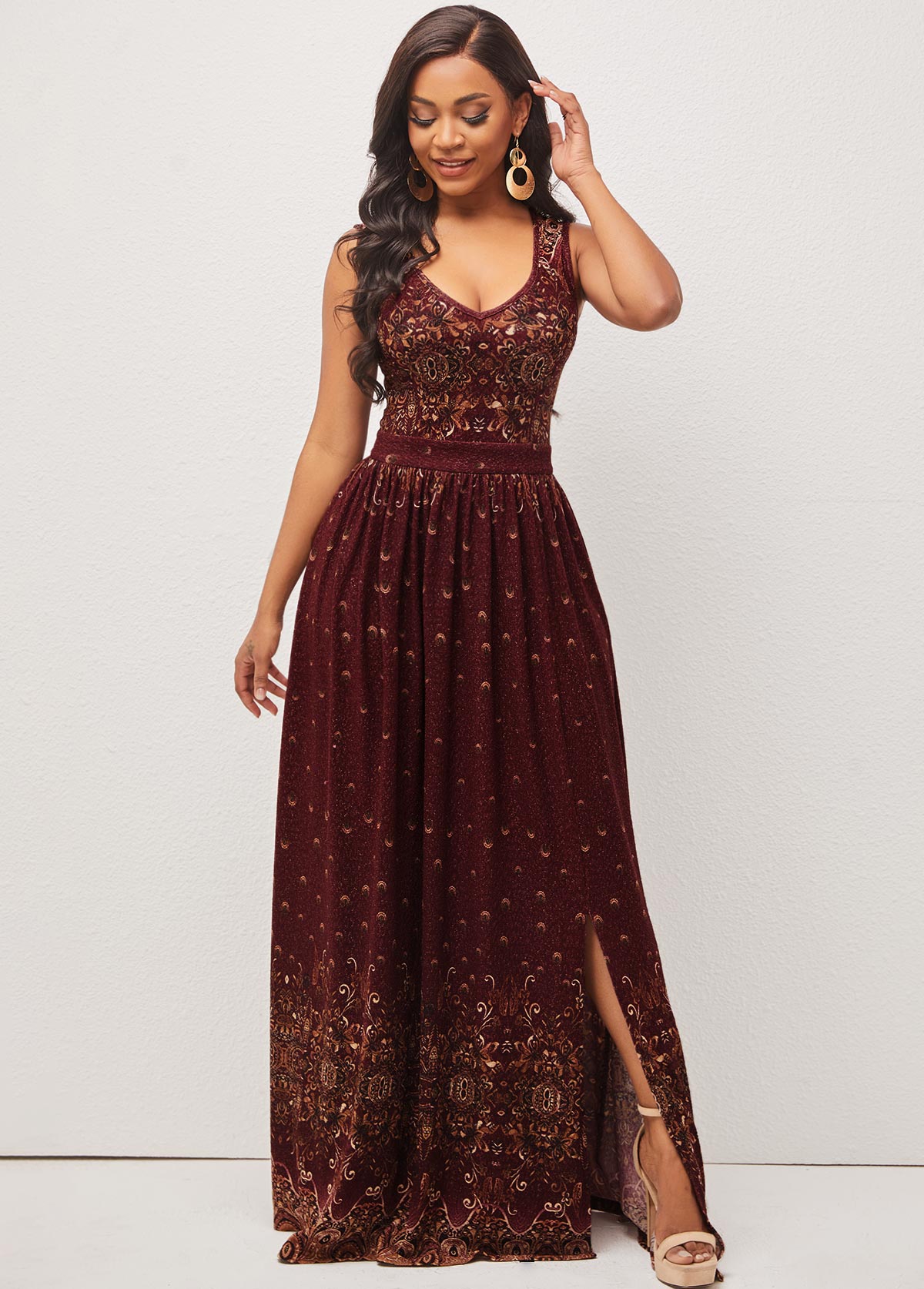 Wine Red Side Slit Sleeveless Dress