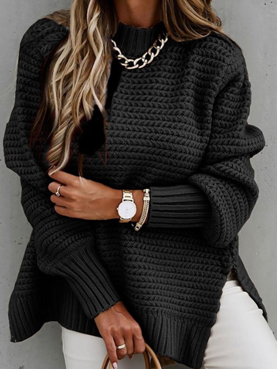 Solid color side slit knit sweater