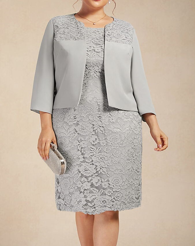 Women's Plus Size Two Piece Dress Crew Neck Lace Long Sleeve Dress