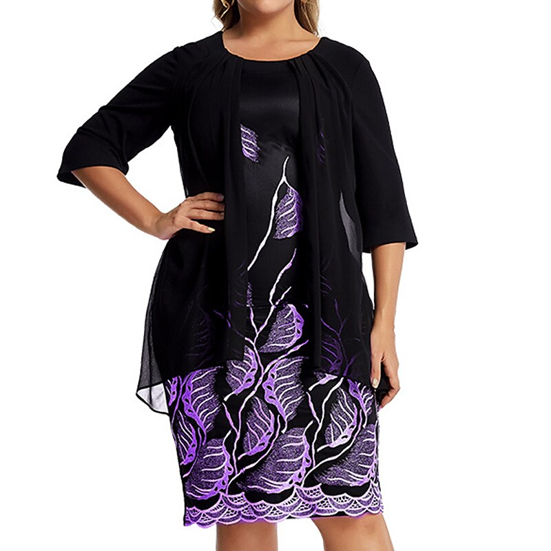 Women's Plus Size Fake Two-Piece Dress Crew Neck Half Sleeve Dress