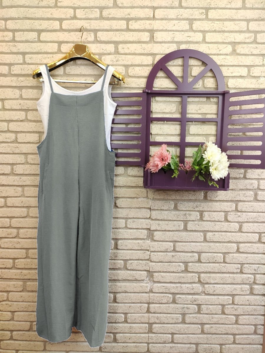 Women's Solid Color Insert Pocket Sling Cotton Linen One Piece Wide Leg Pants