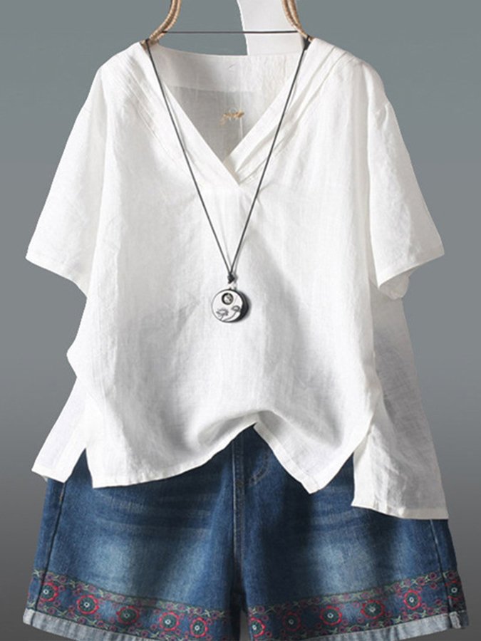 Women's Solid Color V-neck Split Irregular Top