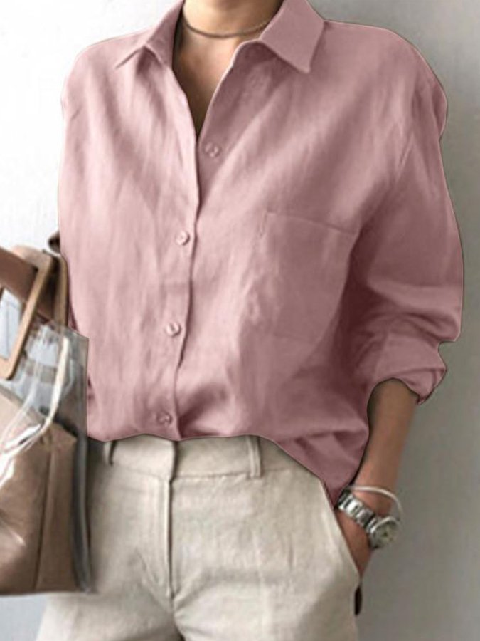 Women's Cotton Linen Solid Color Fashion Commuter Casual Shirt