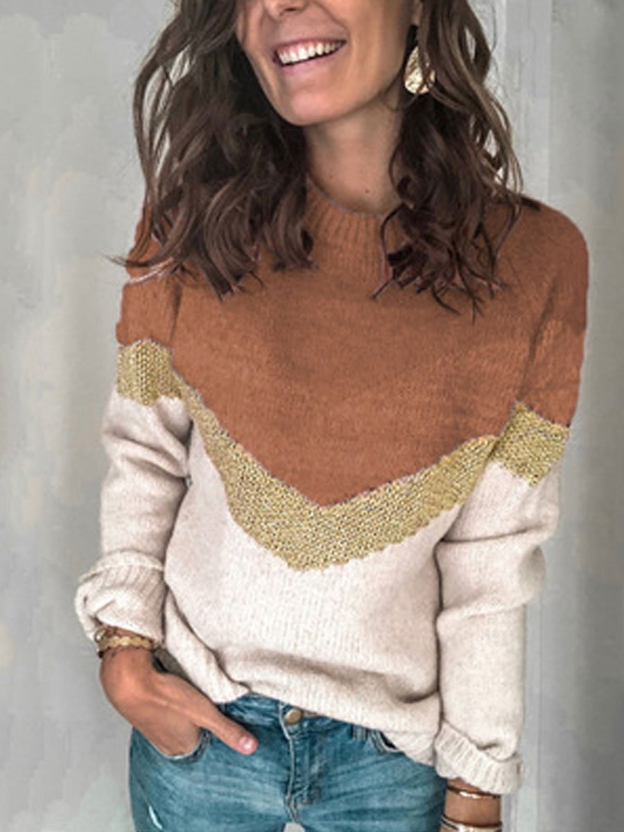 Round neck contrast stitching knitted sweater