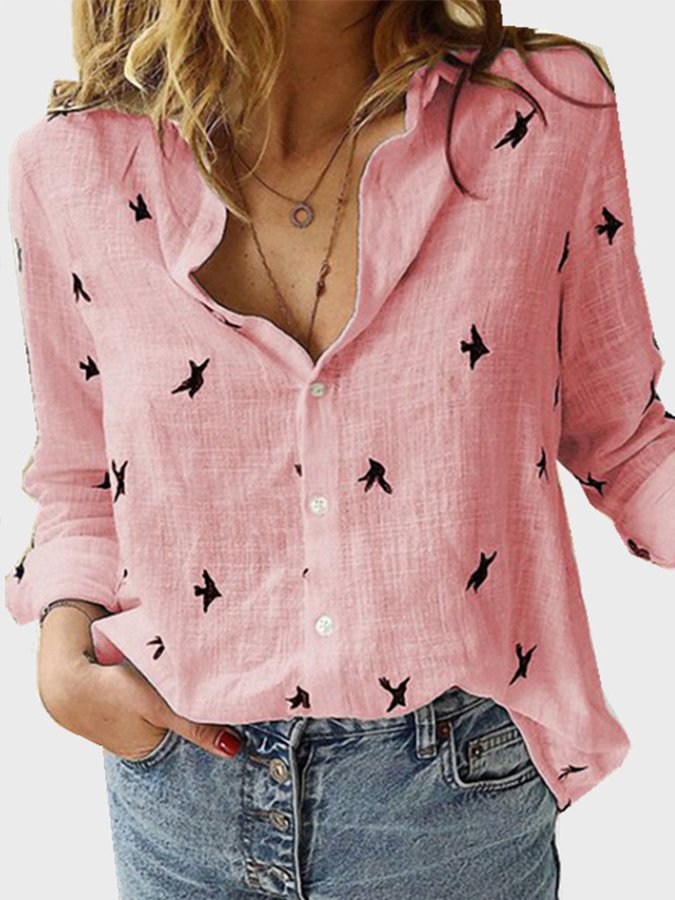 Ladies Cotton Linen Print Casual Loose Long Sleeve Shirt