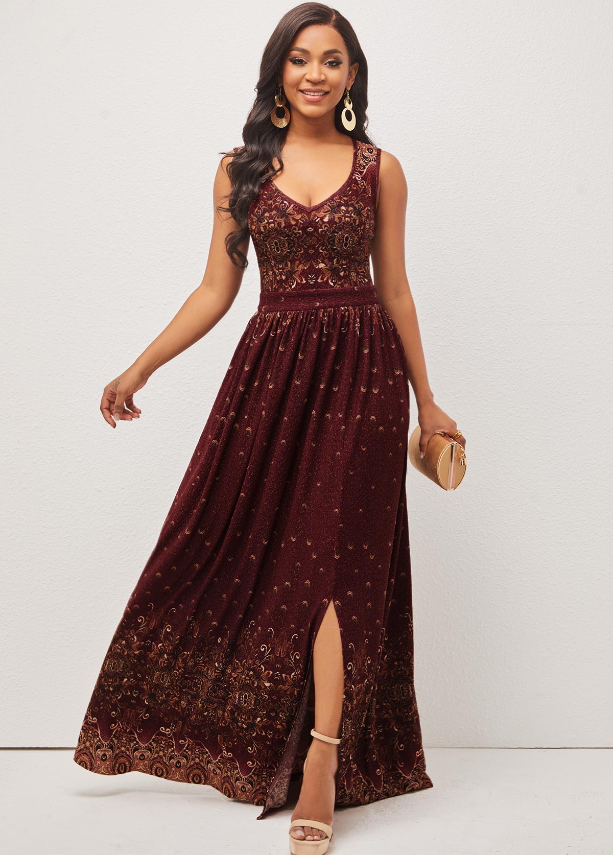 Wine Red Side Slit Sleeveless Dress