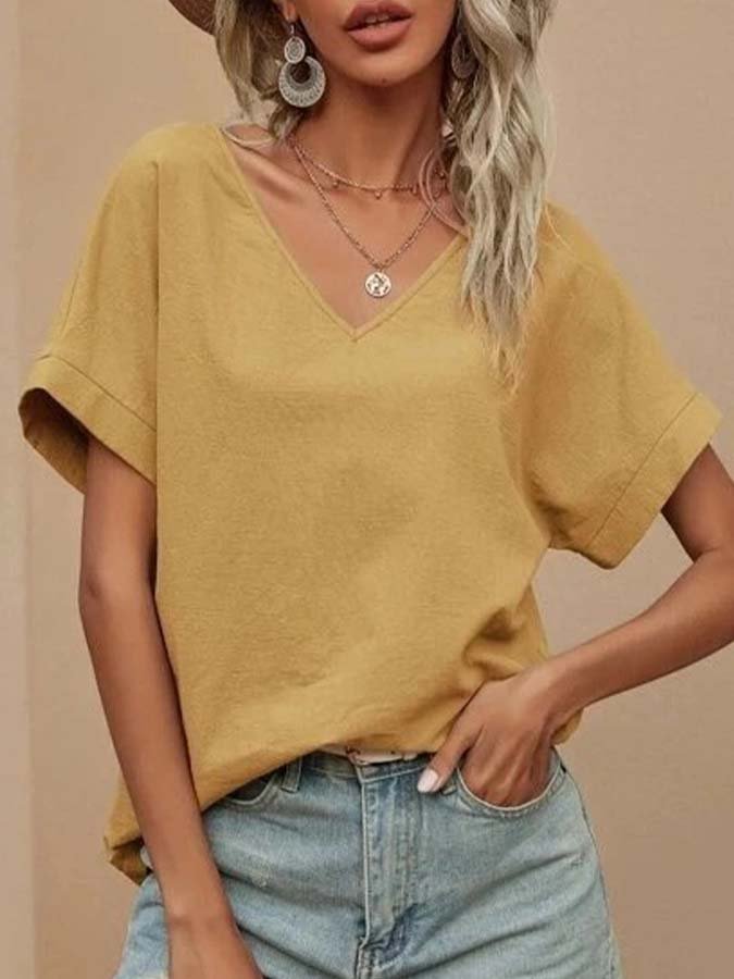 Women's Cotton Linen V-Neck Loose Top
