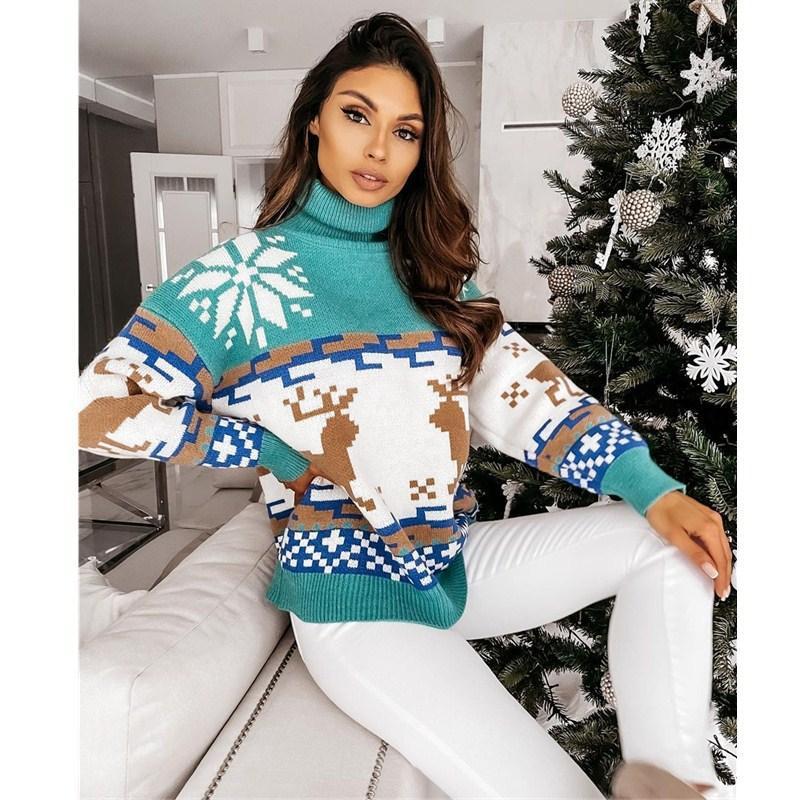 Women's Christmas Elk Snowflake Surtleneck Sweater