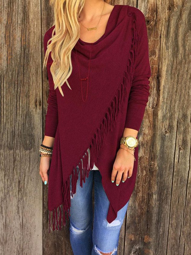 Knitted Long Sleeve Asymmetrical Fringed Solid Plus Size Sweater