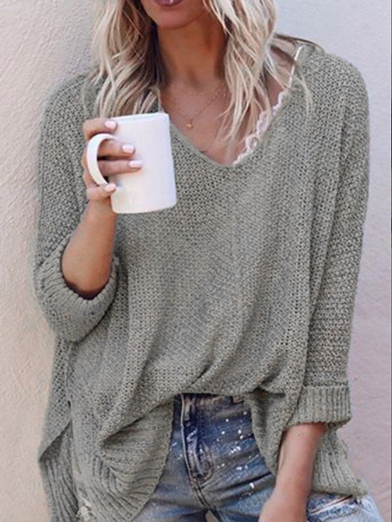 V-neck solid color knitted sweater