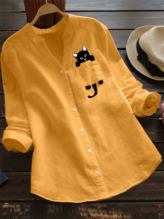 Women's Cotton Linen Cat Print Casual Loose Long Sleeve Shirt