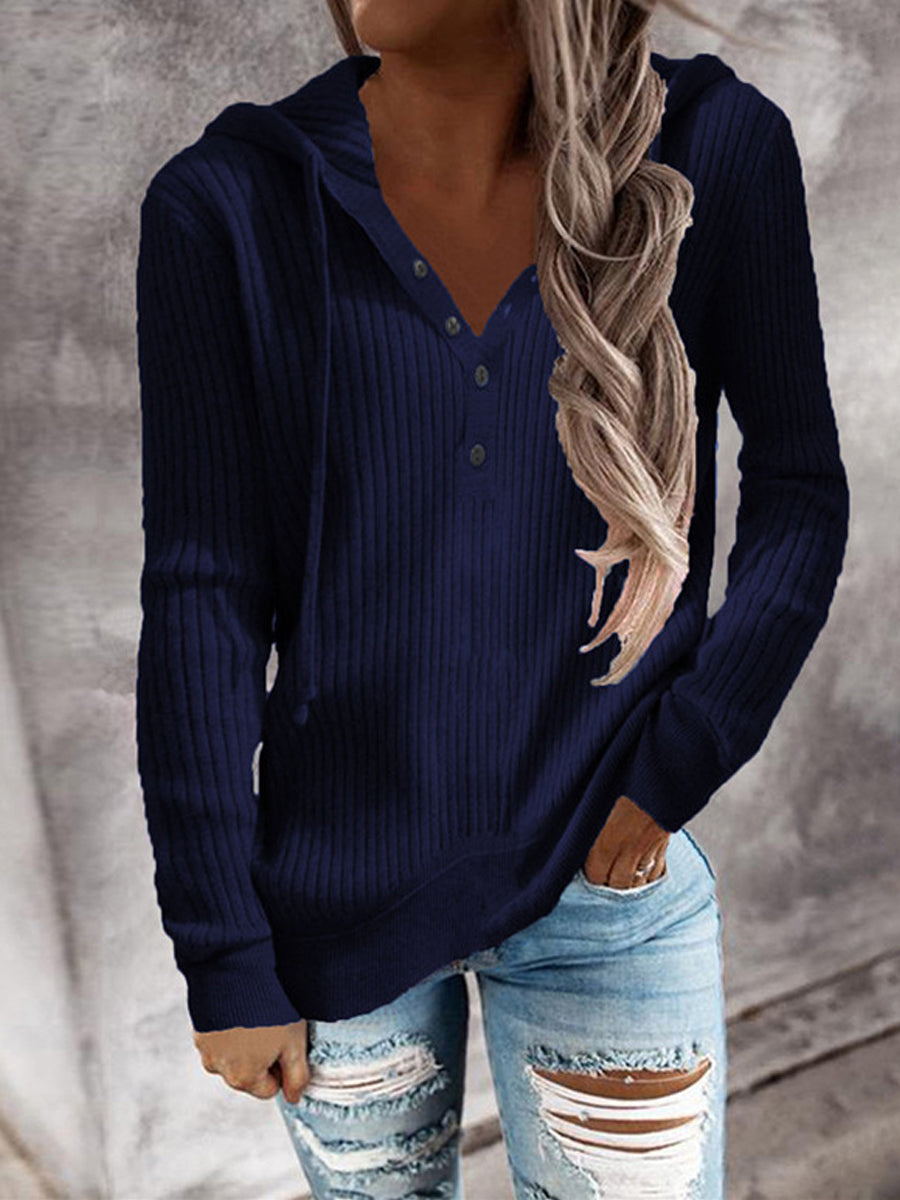 Women's Solid Knit Button Long Sleeve Sweater