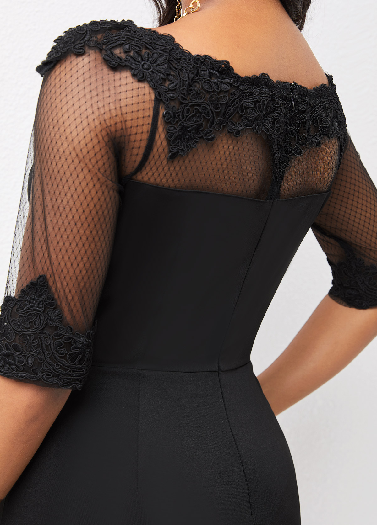 3/4 Sleeve Lace Stitching Mesh Panel Dress