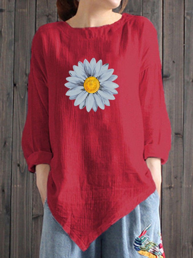 Ladies Cotton Linen Daisy Print Casual Irregular Hem Shirt