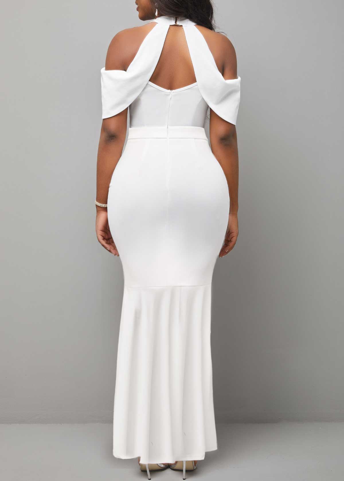 Cold Shoulder Bib Neck White Mermaid Dress