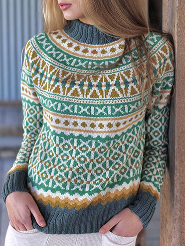 Vintage Contrast Jacquard Mid Turtleneck Sweater